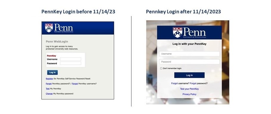 the old and new pennkey login prompts- the new pennkey prompt is cleaner and simplified