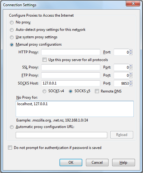 Connection settings in Firefox