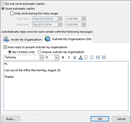 Automatic reply (Vacation Message): PennO365 Outlook for Windows | Arts &  Sciences Computing