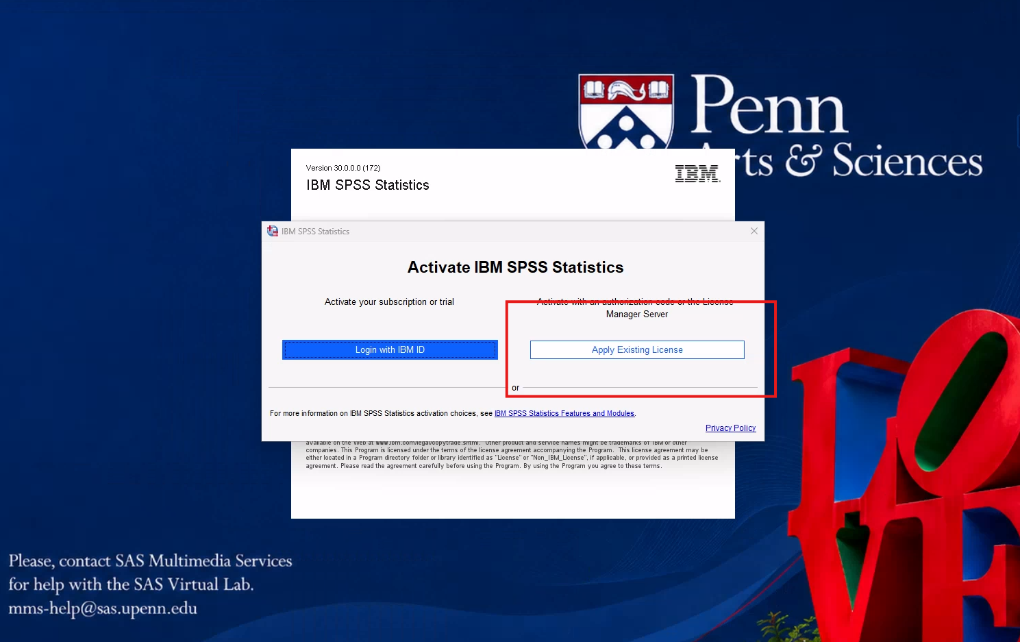 Activate IBM SPSS Statistics Click Apply Existing License