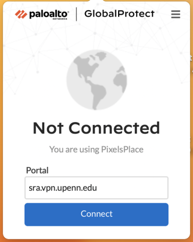 GlobalProtect connection screen with Penn-specific portal path