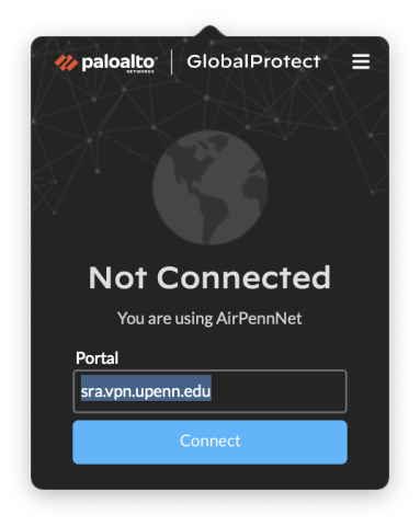 GlobalProtect connection window with correct portal path.