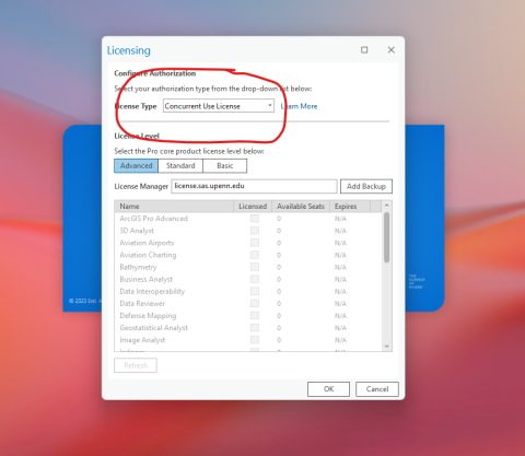 Concurrent Use Licensing dialog window